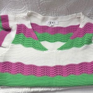 THML V-Neck Sweater with Pink, Green, and White Stripes